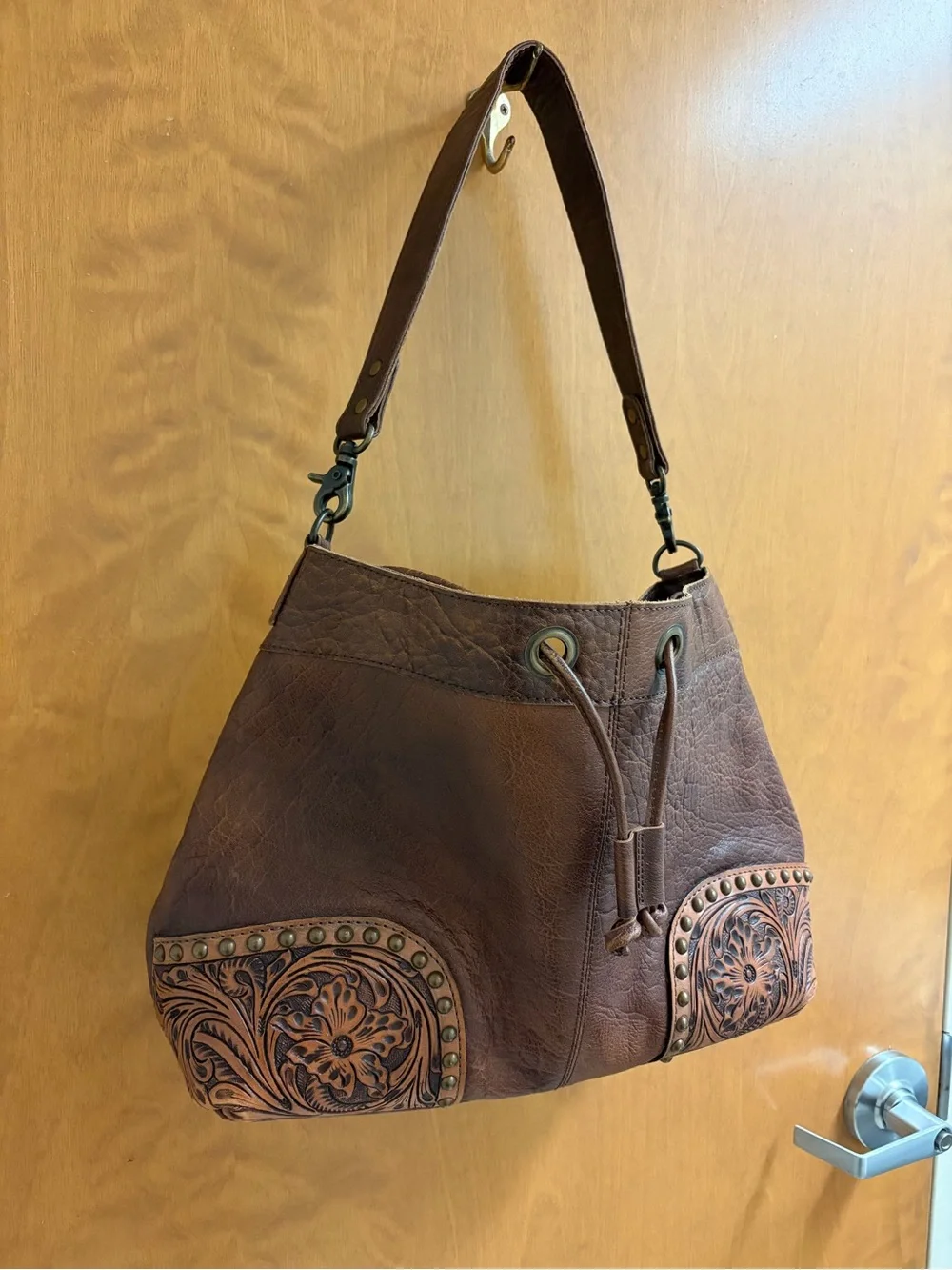 American Darling Brown Leather Patch Tote with Mustard Lining